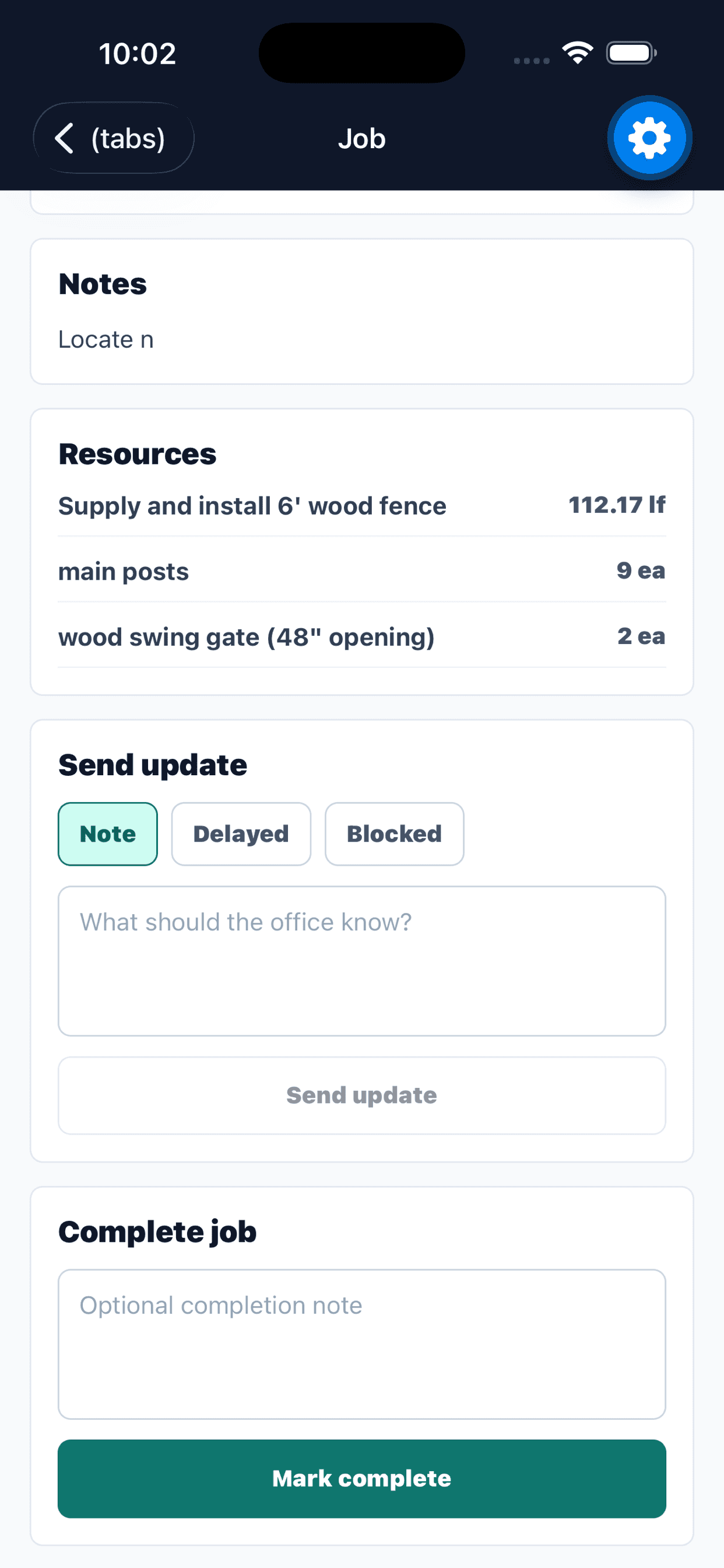 Worker app showing material resources, send update controls, and a mark-complete button