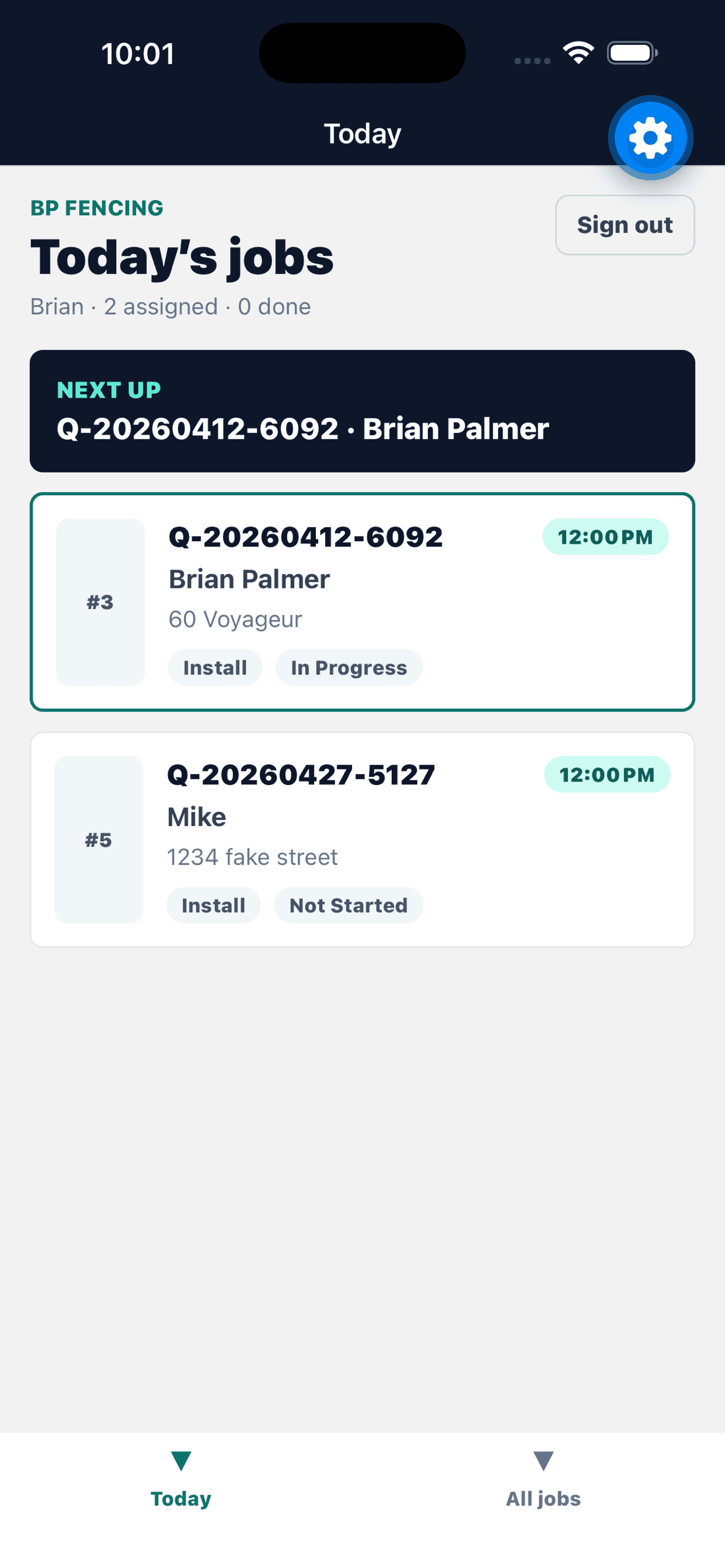 FenceTracer fence installer mobile app showing today's jobs with a Next Up card and a queue of assigned fence installs