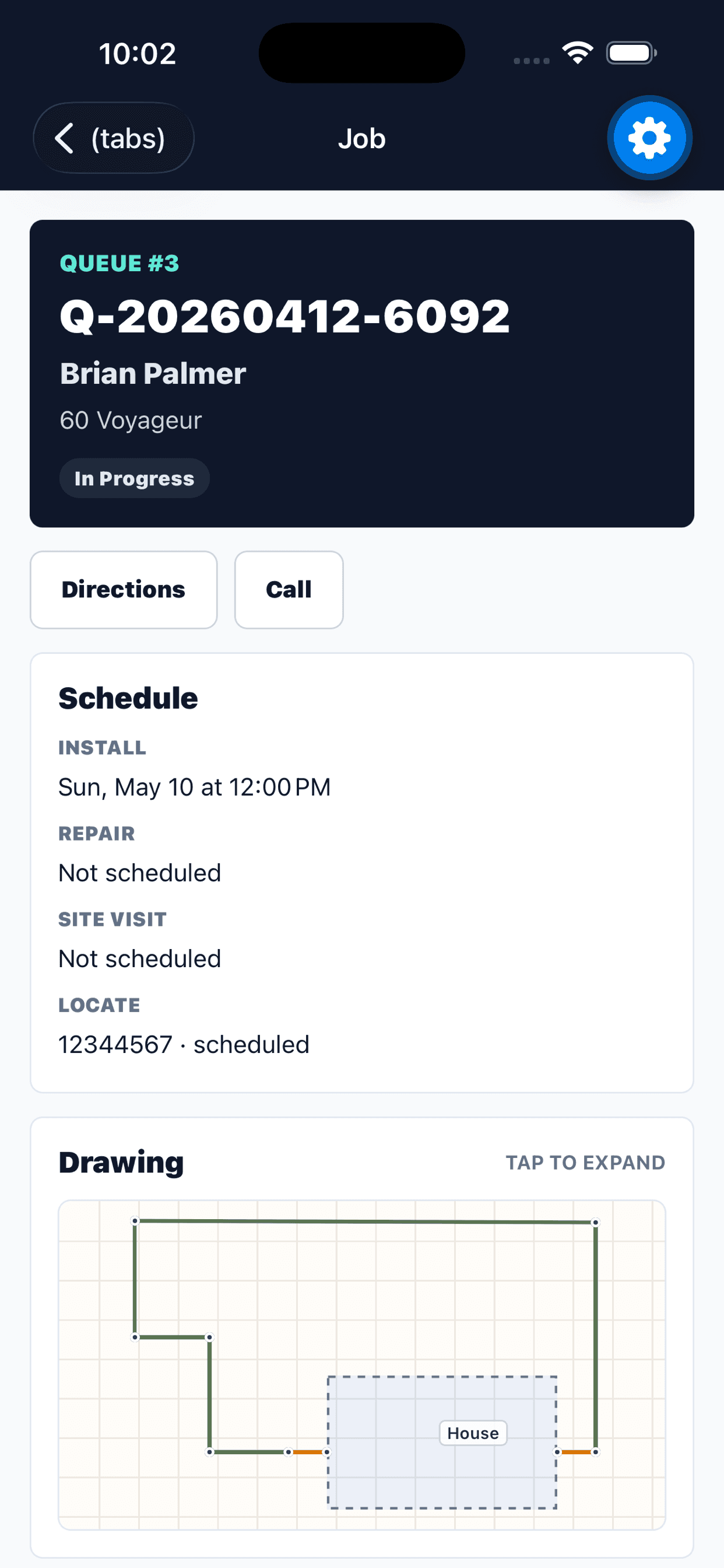 Worker app job detail with schedule, locate status, and a tappable drawing preview
