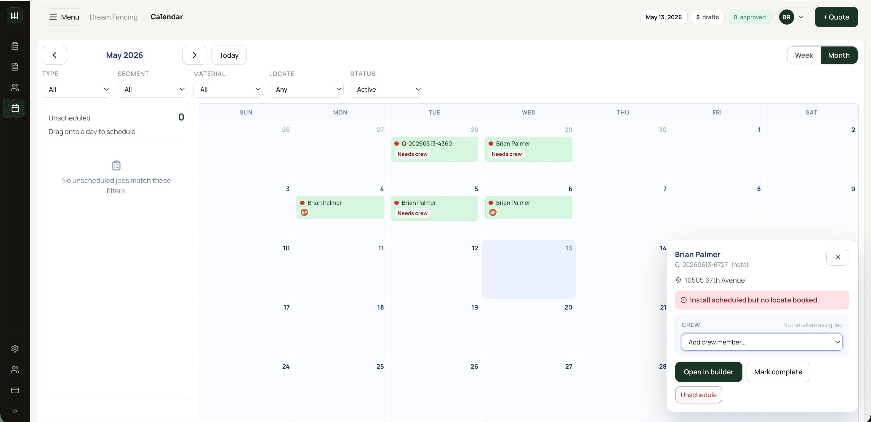 Crew scheduling calendar with install assignments